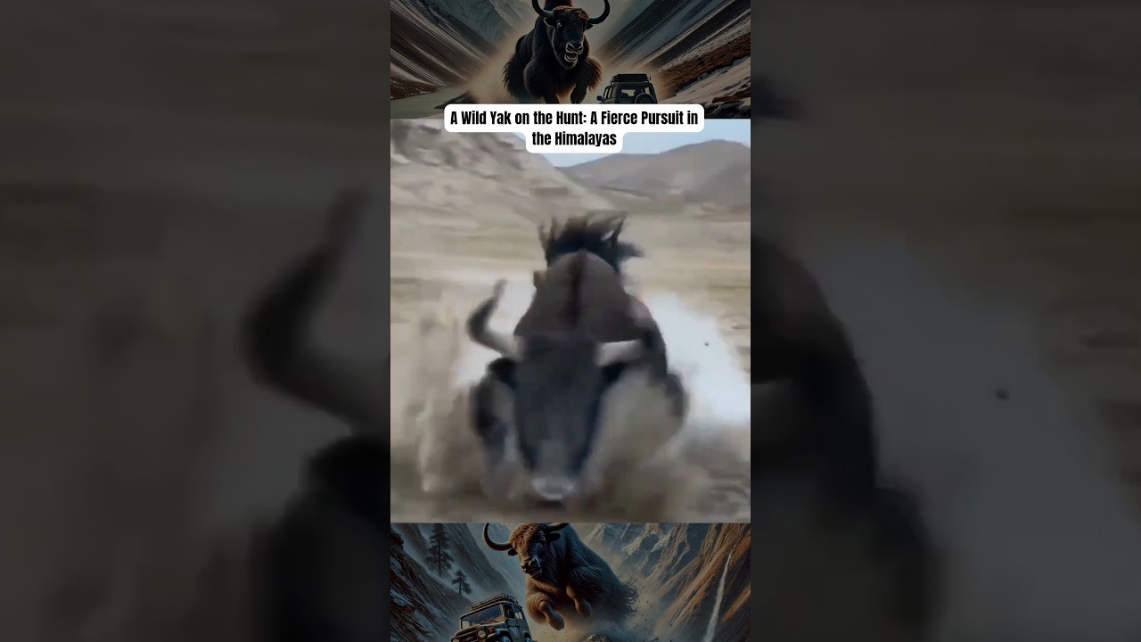 The wild yak shows its aggression as it chases down a car in the rugged Himalayan landscape.  