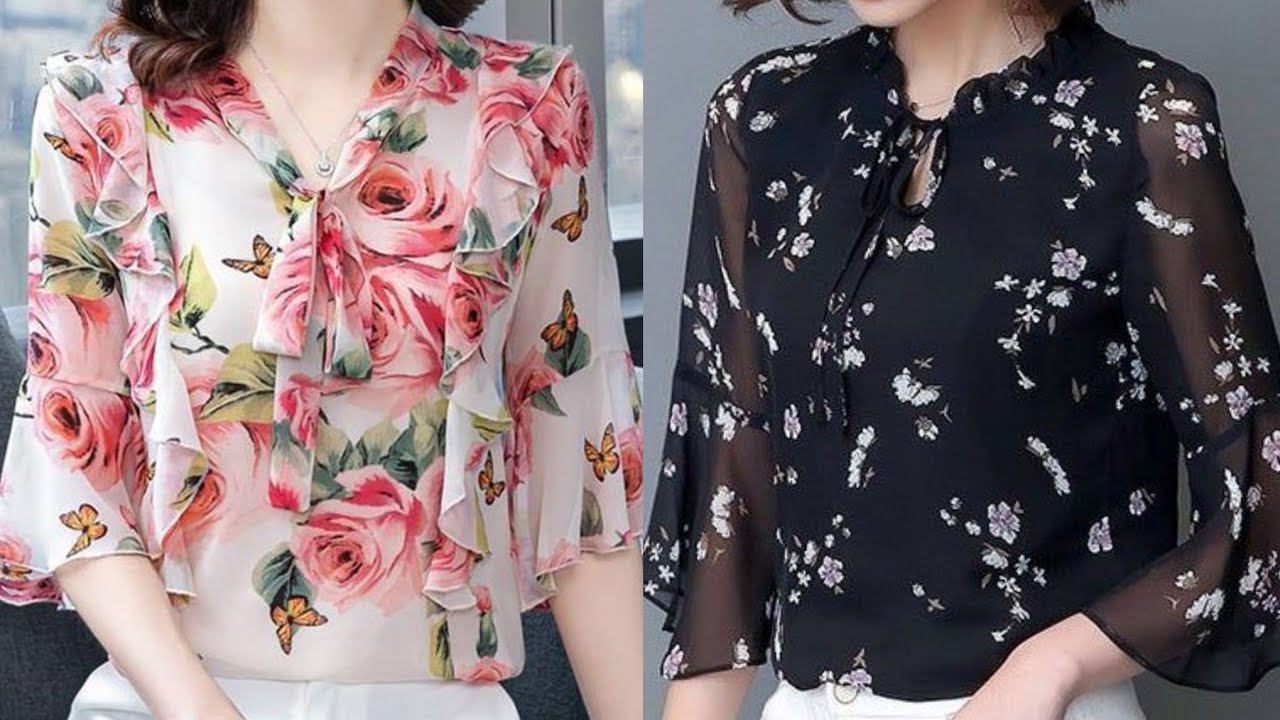 world best top 50 printed chiffon ruffle casual and office wear women blouse  shirts top design& idea 