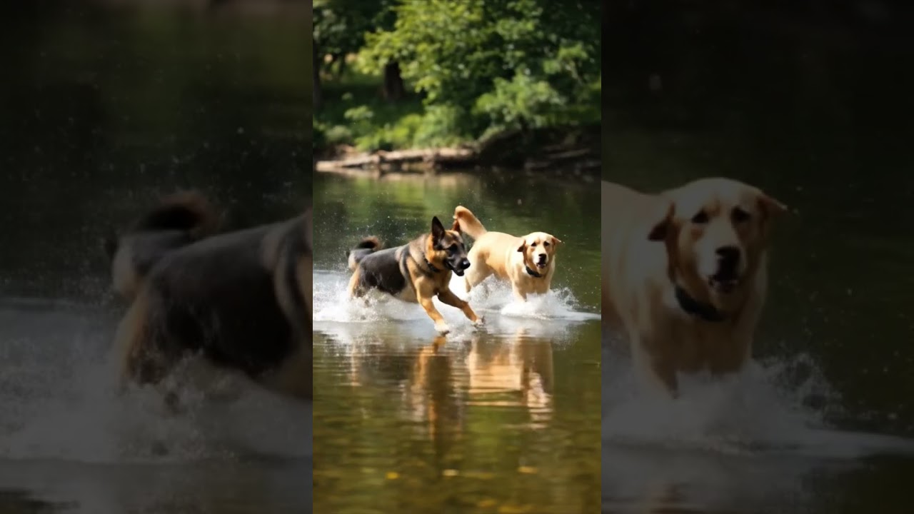 2 dogs running on water