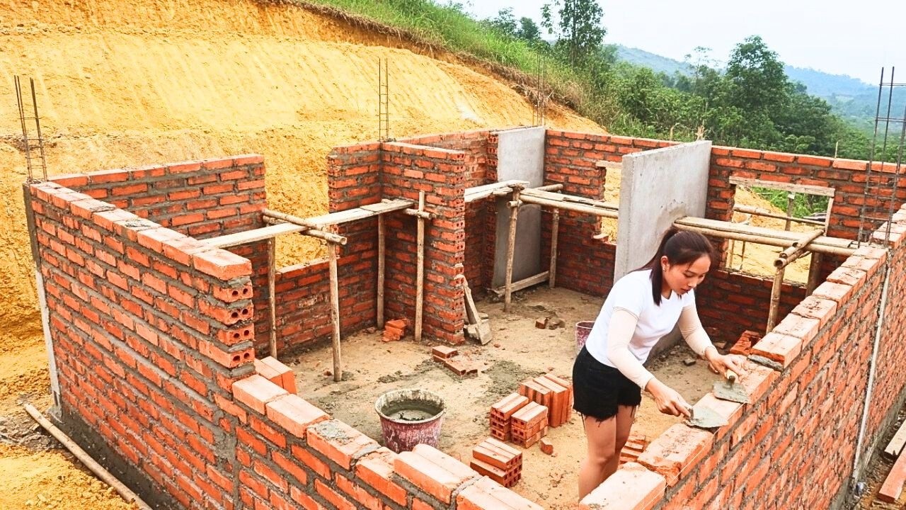 Girl Building A Brick And Cement House In The Forest – Wall, Door, And Window Frames – Farm Life
