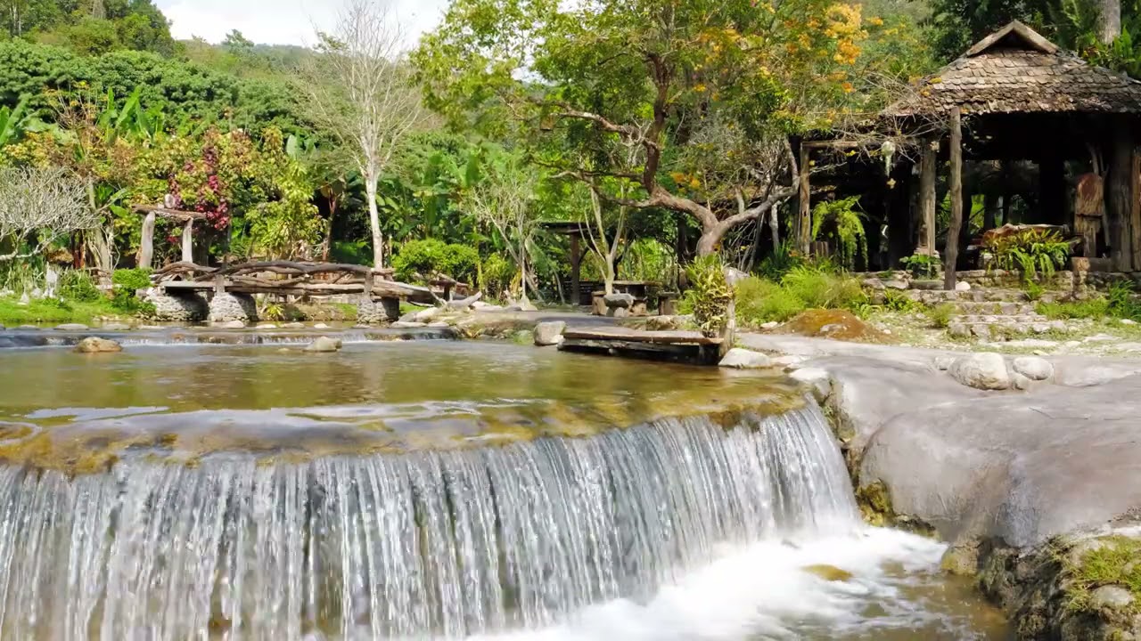 Beautiful Village Cascade Waterfalls in Thailand. Relaxing White Noise Waterfall 10 hours.