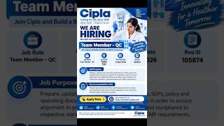 Cipla Recruitment 2026 🔥 Team Member QC Vacancy | B.Pharm & M.Sc Jobs | Pharma Jobs 2026