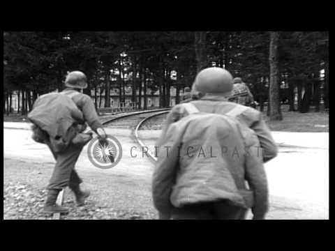 American Army troops entering area of Dachau Concentration Camp, Dachau, Germany,...HD Stock Footage