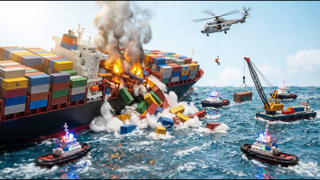 🚢🔥 Miniature Ship Disaster: Container Ship Collision & Fire 🚁⚓