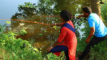 Fishing Video | traditional girl and boy fishing together in village pond with hook