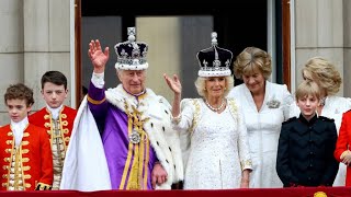 Coronation of King Charles III Salutes the Crowds on the Balcony Helicopters and Red Arrows Fly Past