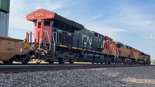 Huge 4x3x0 BNSF Mega Stack train ft Canadian National Tier 4!! BNSF Transcon: Emporia sub..5/21/23