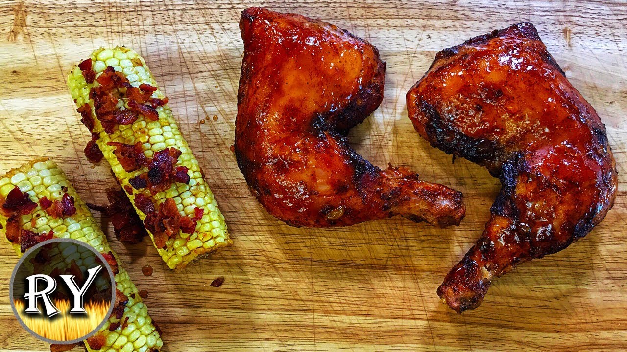 Spicy Peach Glazed Chicken With Grilled Brown Sugar Bacon Corn
