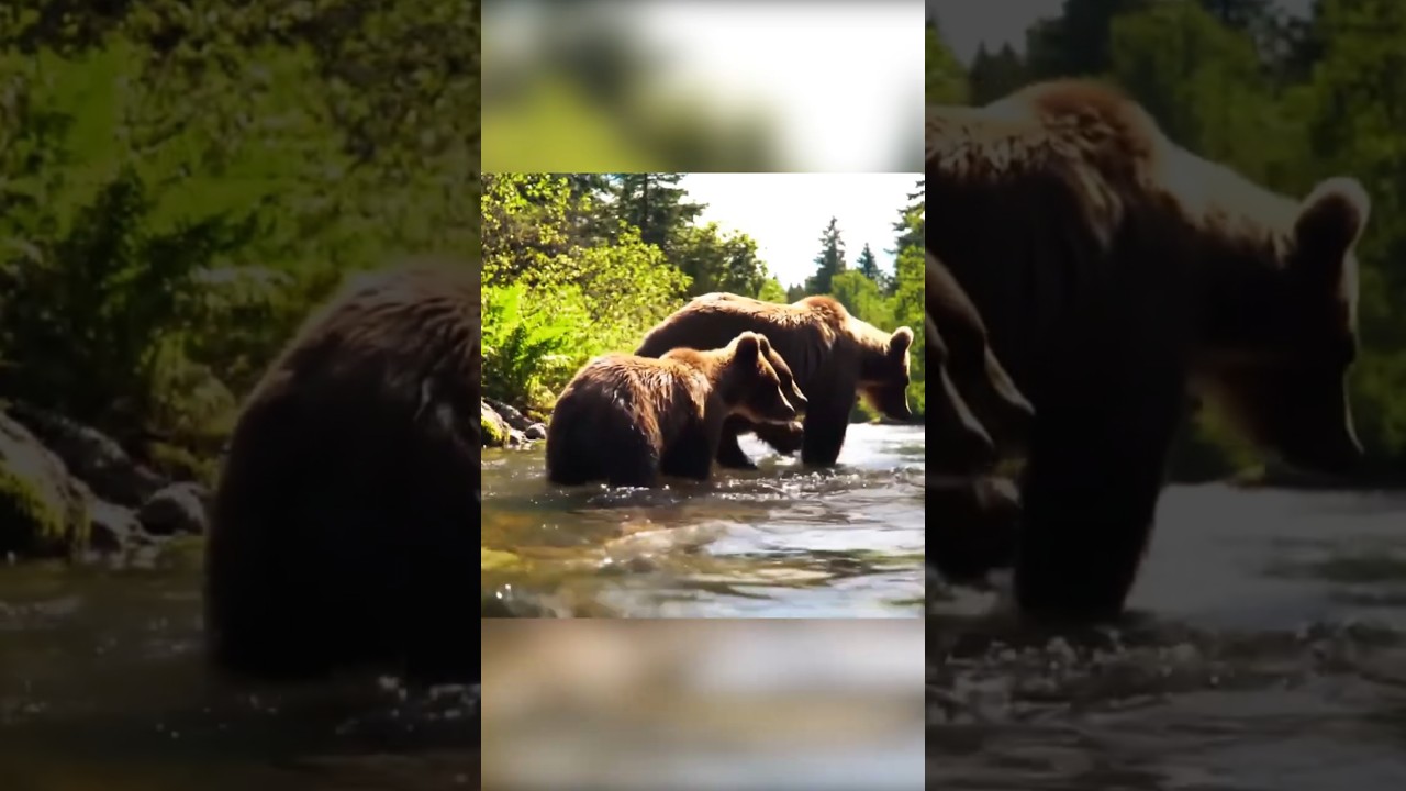 Bear Family Crossing the River 🐻🐾🌊 #shorts