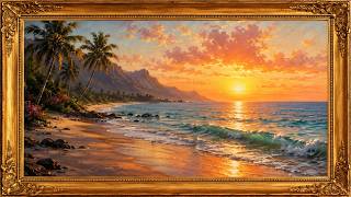 Golden Shores Paradise No Ads | 4K Beach Oil Painting with Elegant Gold Frame | Relaxing Coastal Art