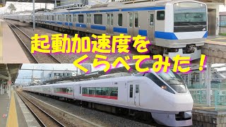 【発車する電車を併走させてみた！】起動加速度の比較。対象車は、E657系、E531系、E231系0番台、東京メトロ 16000系、E233系2000番台、E235系0番台　Japanese train