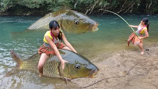 Primitive Life: Smart Girl's Unique Fishing Catch Big Carp At River - Cooking Big Fish Recipe