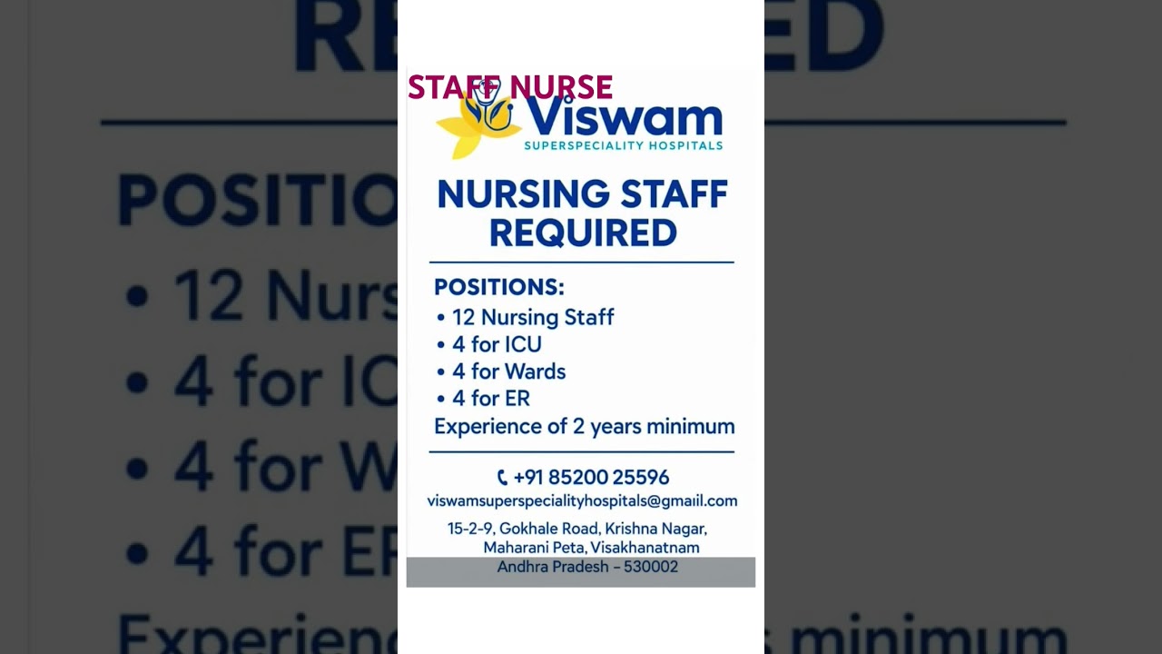 New vacancy for staff nurse from multi-speciality hospitals in Vizag
