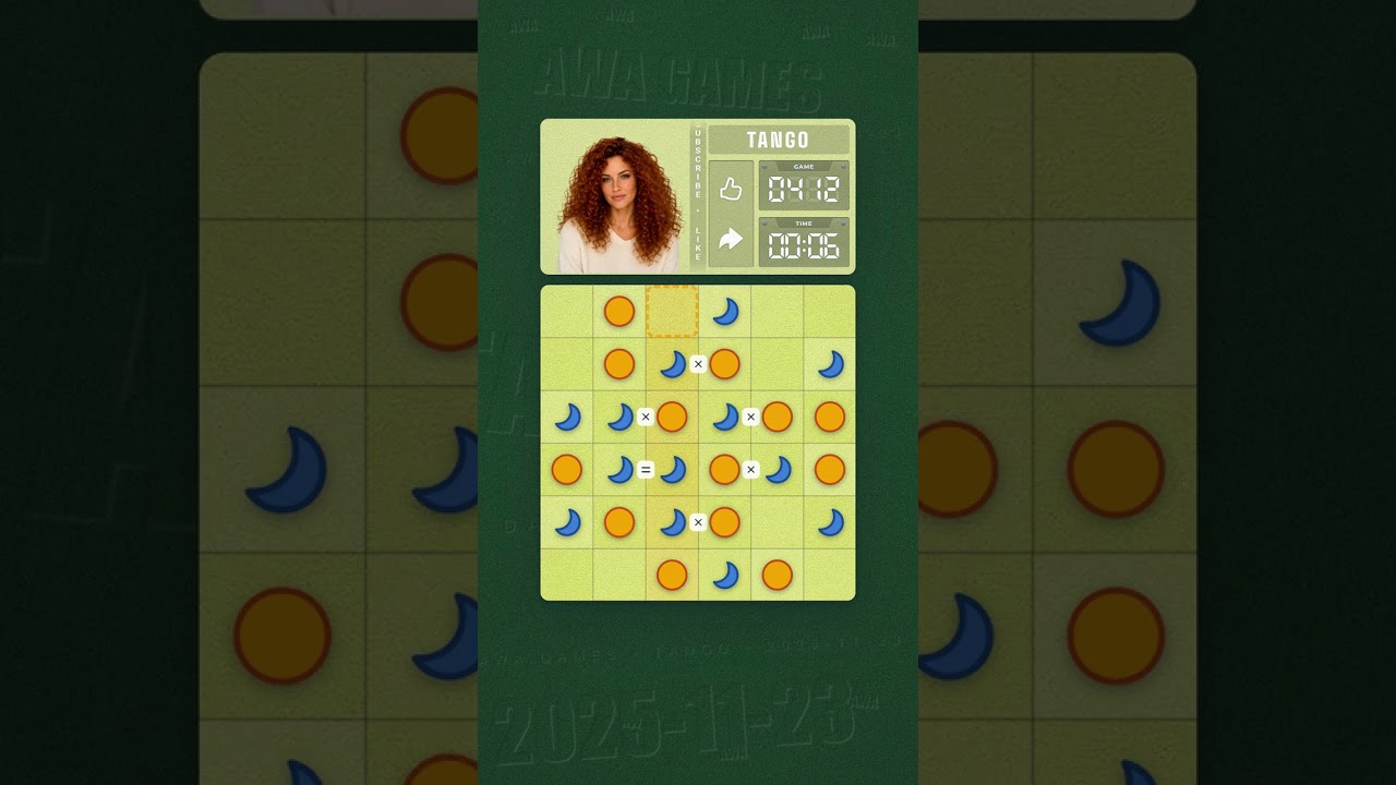 LinkedIn Tango #412 solved board for November 23, 2025, 6x6 grid