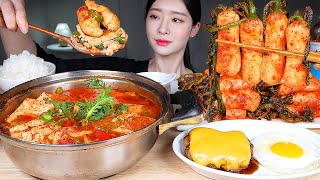 ASMR MUKBANG | Spicy Altang (Fish Roe Soup)🔥 Cheese Hamburg Steak & Ponytail Kimchi 🇰🇷 Fried Eggs