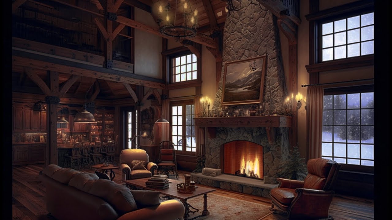 Mansion Living Room Relaxing Firecrackle with Ambient Snow And Calm winds | DIM SCREEN