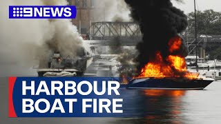 Luxury boat cruiser bursts into flames on Sydney Harbour | 9 News Australia