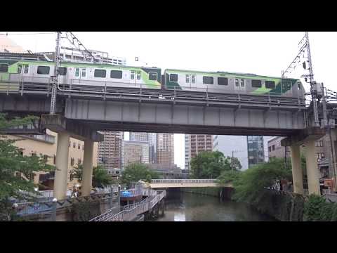 目黒川鉄橋と五反田駅が一体の高い高架に到着する東急池上線7000系と山手線や湘南新宿ラインが上下2段に見える光景