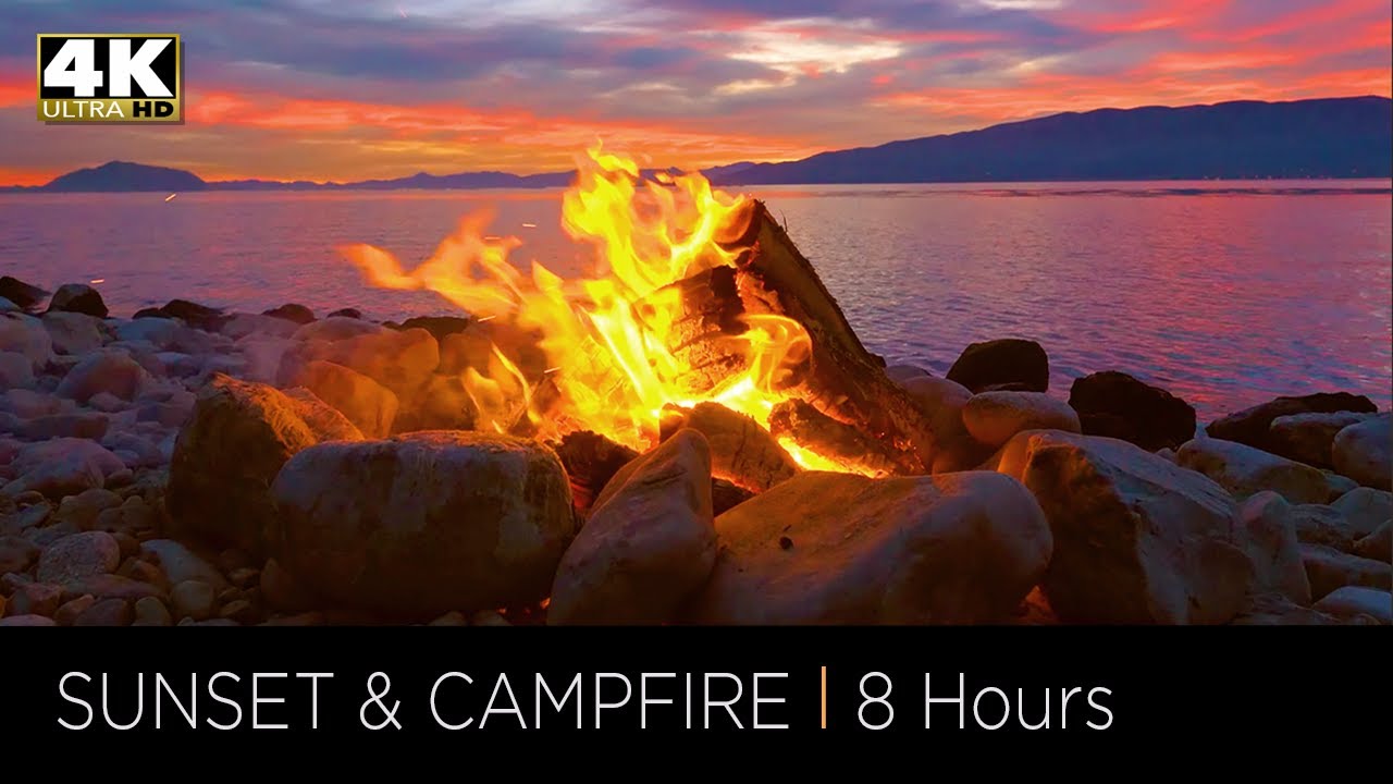 8 Hours of Relaxing Campfire by a Lake at Sunset in 4k UHD Stress Relief Meditation  Deep Sleep