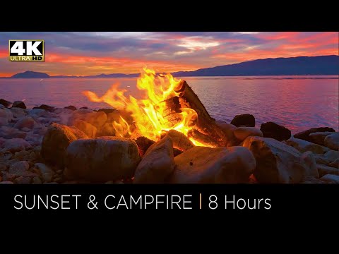 8 Hours of Relaxing Campfire by a Lake at Sunset in 4k UHD, Stress Relief, Meditation & Deep Sleep