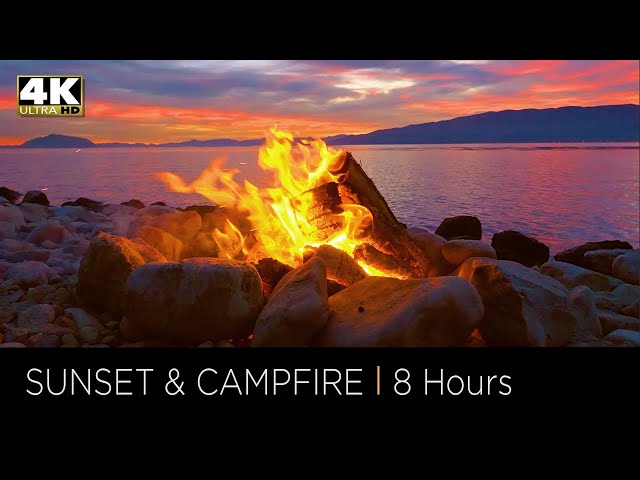 8 Hours of Relaxing Campfire by a Lake at Sunset in 4k UHD, Stress Relief, Meditation & Deep Sleep class=