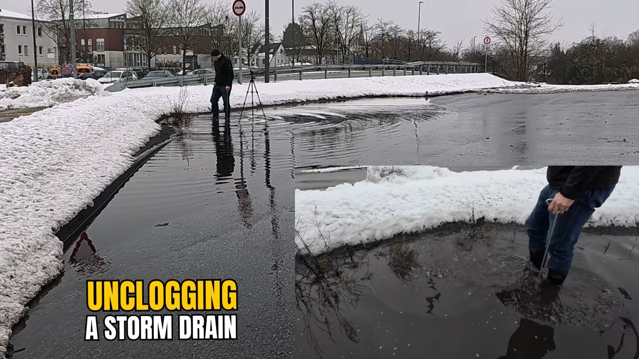 #066-3 Unclogging a storm drain on a parking lot after snowfall in ...