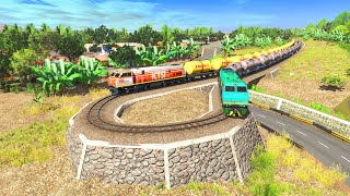 2 COLORFUL TRAINS TURNS ON RISKY U-TURNS RAILROAD TRACK #71 | BeamNG.Drive | Trainz Simulator 2019