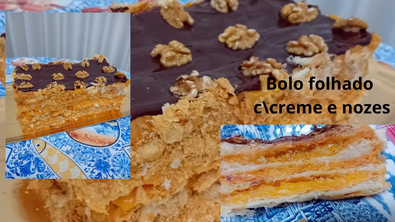 Bolo Folhado c\ creme e nozes cobertura de chocolate