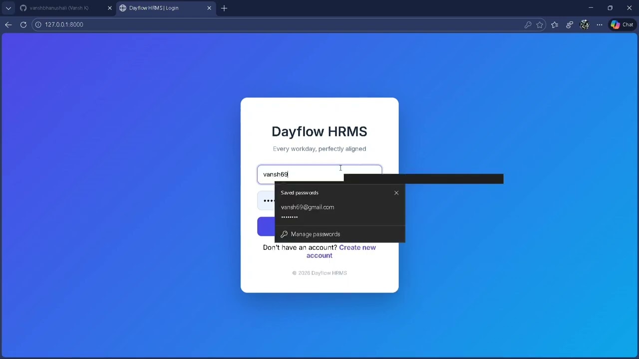 Dayflow HRMS – Role-Based Human Resource Management System (Django) - working prototype.