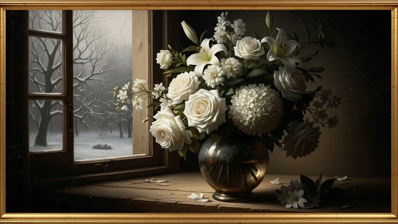 Framed Tv Art Screensaver Painting | White Winter Roses | 8 Hours | TV Wallpaper