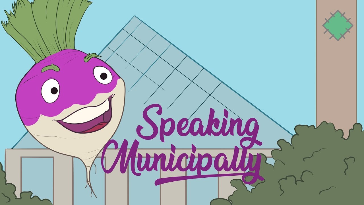 Cover art for Speaking Municipally, featuring a cartoon turnip in front of Edmonton's City Hall