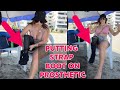 Beautiful amputee lady putting on strap boot prosthetic leg