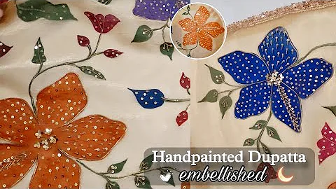 🥀 Hand painted✨Embellished Dupatta | Designer dupatta design| fabric painting on organza dupatta