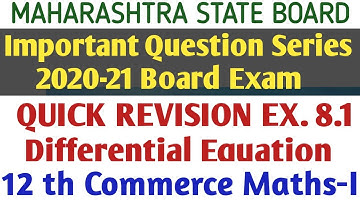 Ex. 8.1 Differential Equation |Important Questions|| Board Exam 2020-21| |12th Com Maths-1