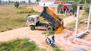 First Start Practice A New Project by Bulldozer Komatsu D20P Pushing Rock Soil fast with 5tonTrucks