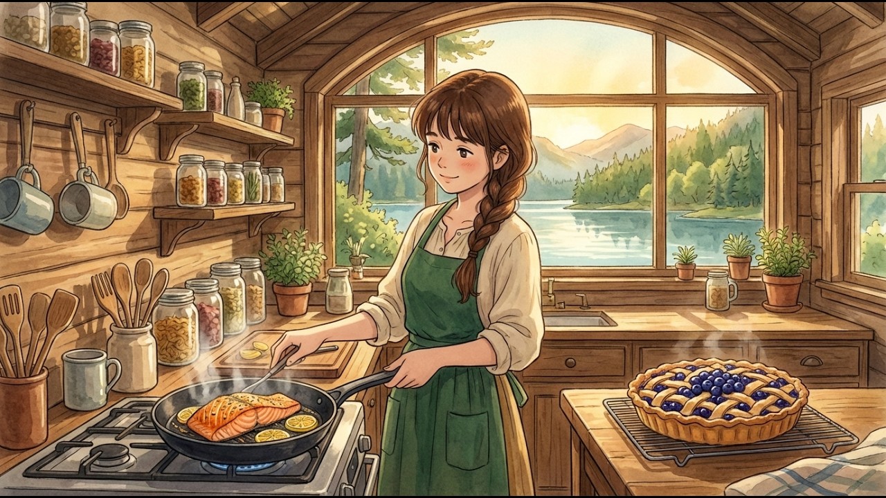 Lakeside Solitude: Wild Blueberry Galette & Butter-Poached Salmon | Ghibli-Style ASMR