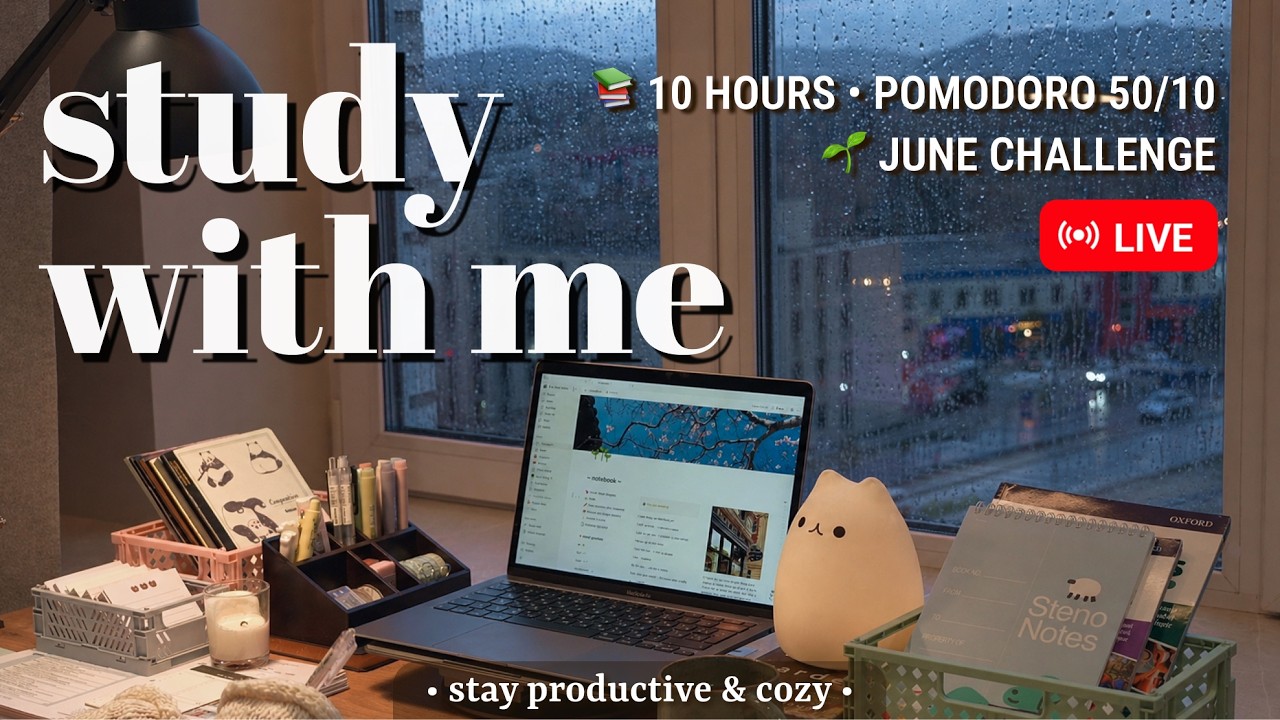 Challenge | 10 Hours • Study With Me • Pomodoro 50/10 📚 Relaxing Fireplace Sound