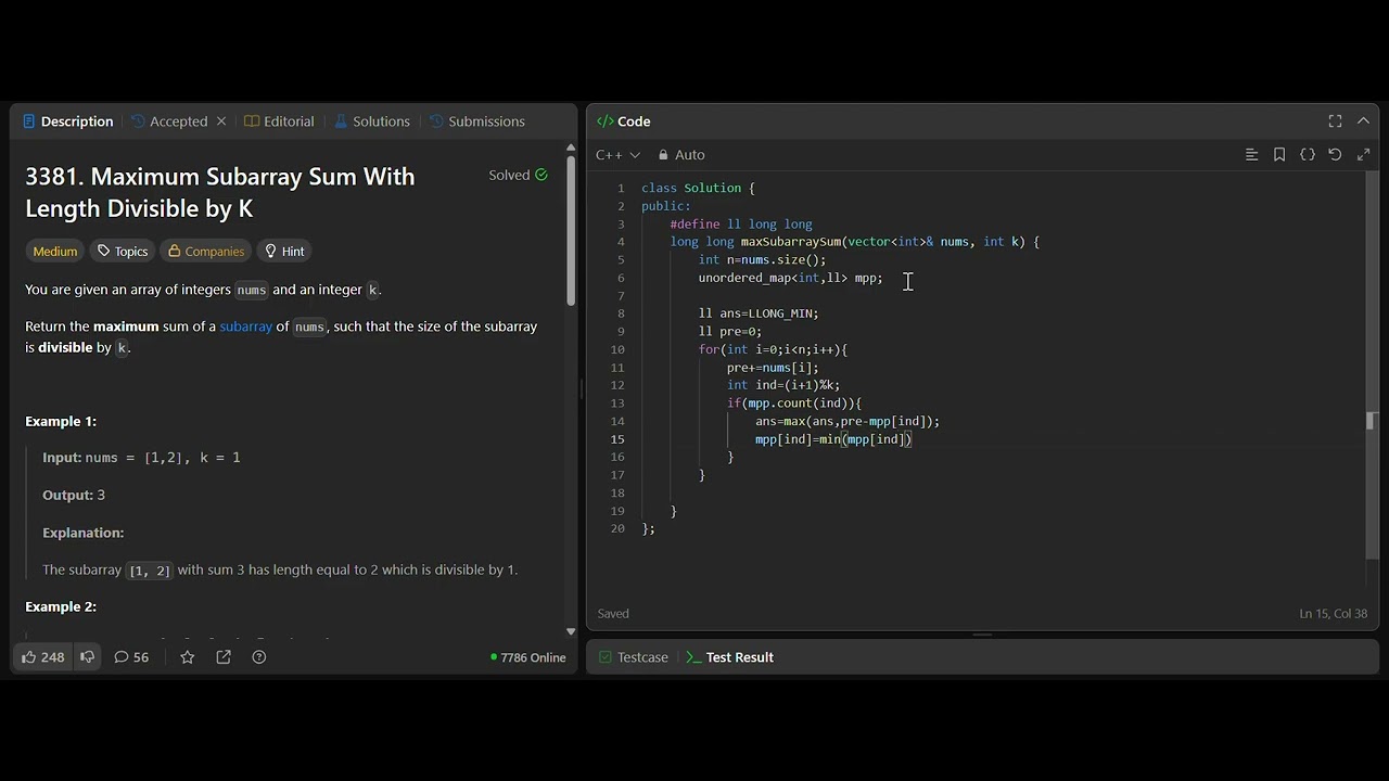 LeetCode 3381. Maximum Subarray Sum With Length Divisible by K - YouTube