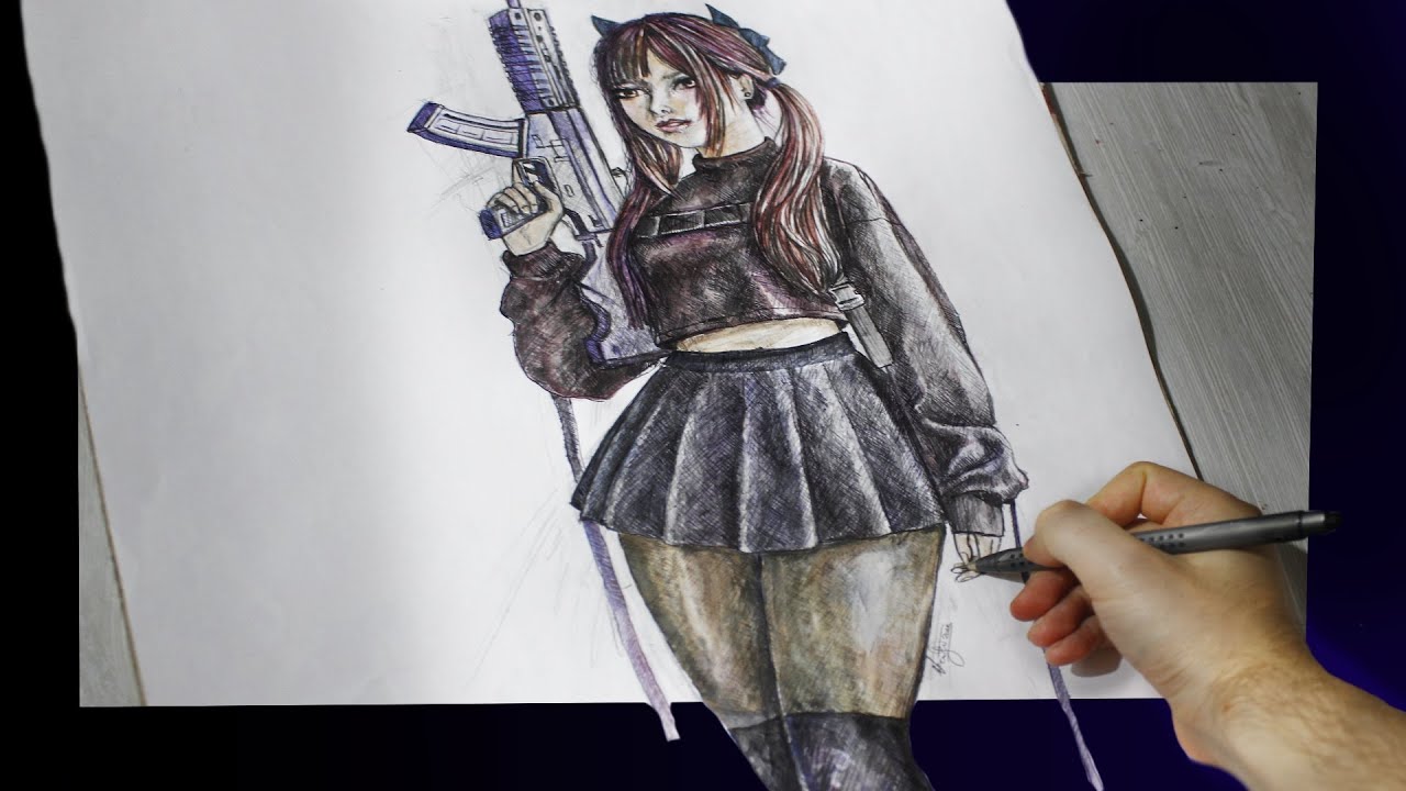 Simple But Effective, Realistic Anime Game Character with Gun - TIMELAPSE WATERCOLOR
