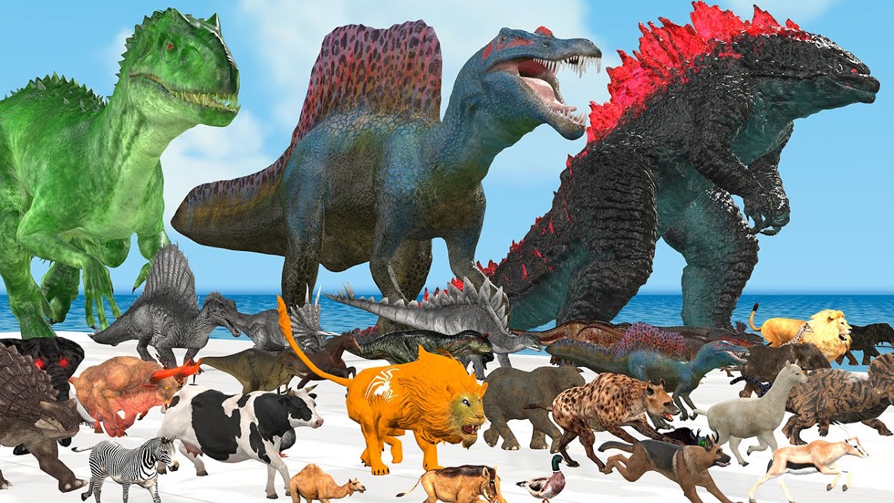 5 Giant Dinosaurs Cartoon Race Through Fountains Against Godzilla,Cat,Kong,Horse,Elephant,Cow,Lion