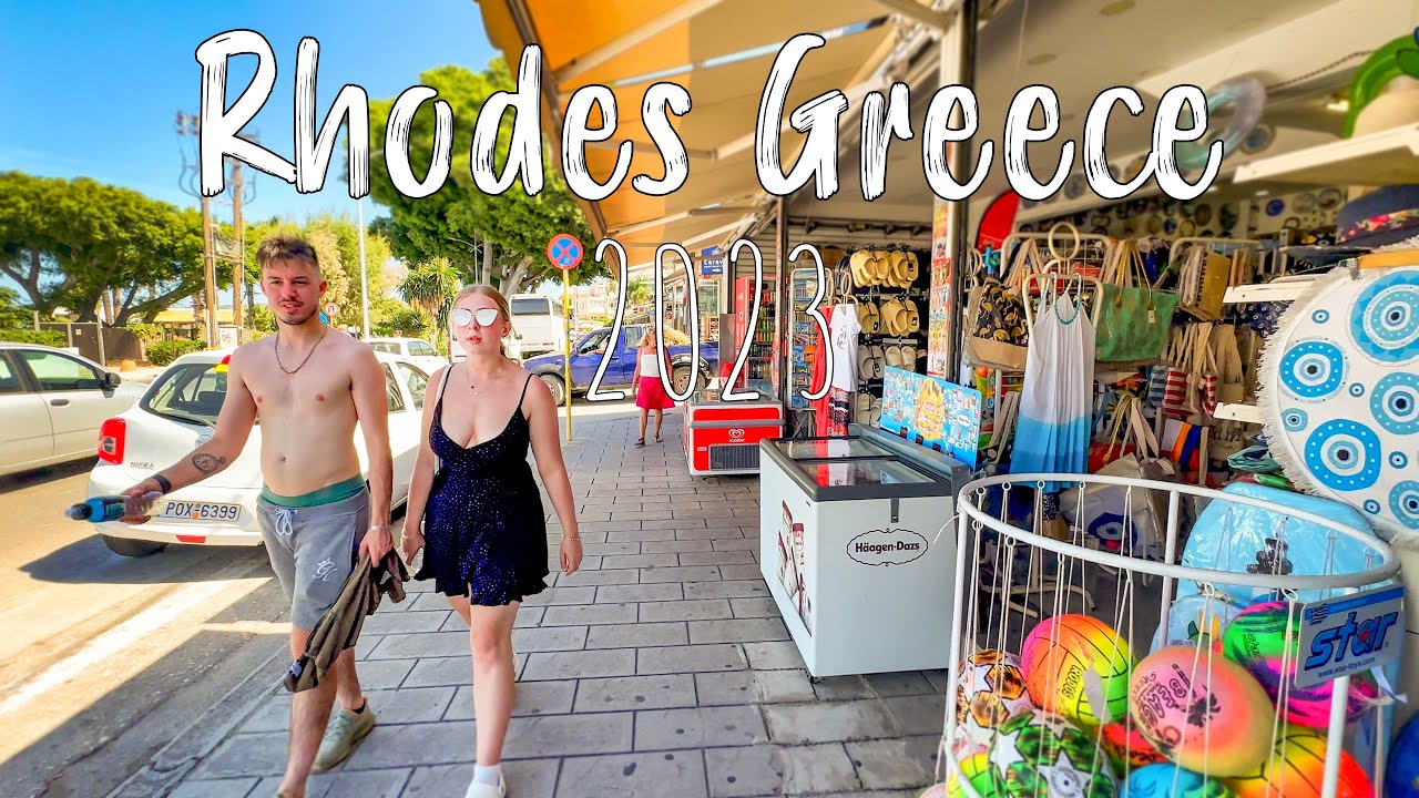 Rhodes Greece, sea front side, walking tour 4k from Ialysos to Rhodos, drone shots, Greece 2023