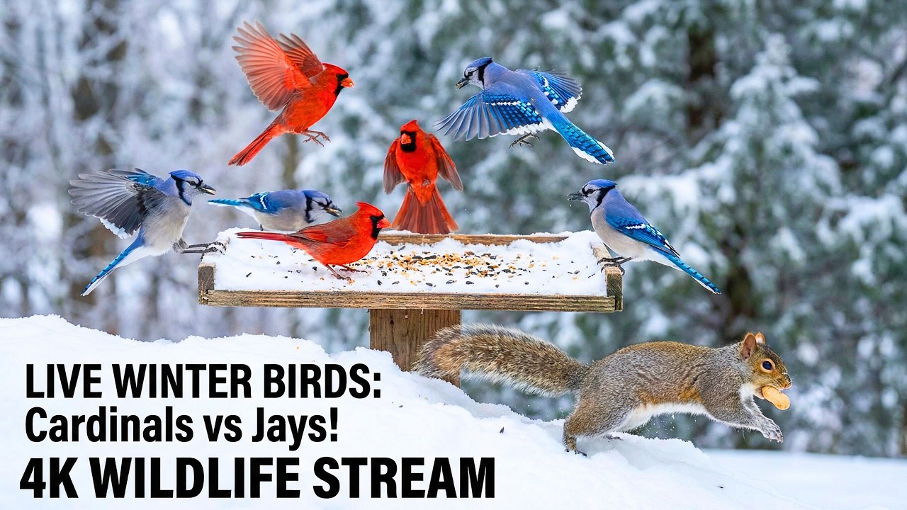 🔴 LIVE Cozy Winter Bird Fedeer Cam 24/7 ❄️ Snow Birds & Backyard Squirrels, Cat TV