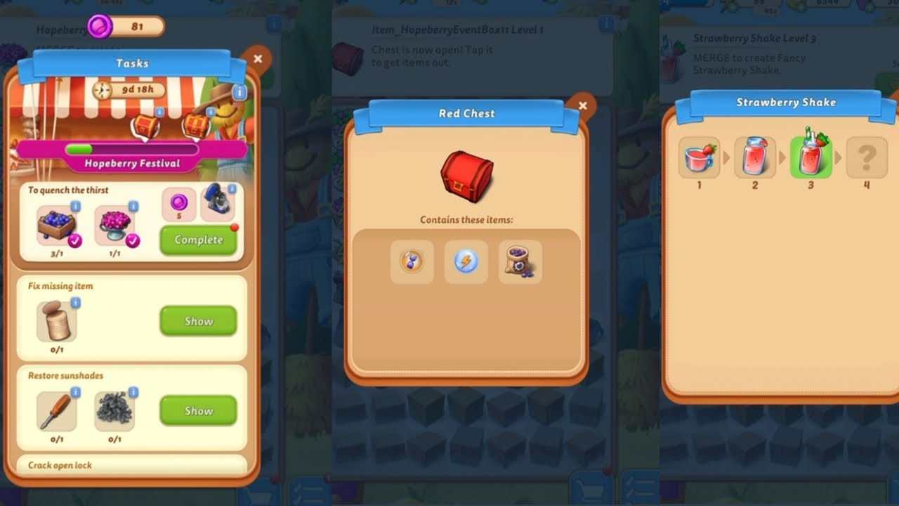 MERGE MANSION BLUEBERRY MIXER LV.1, RED CHEST ANNUAL HOPEBERRY EVENT