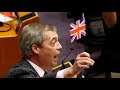Nigel farages final speech to european parliament cut short after he waves flag