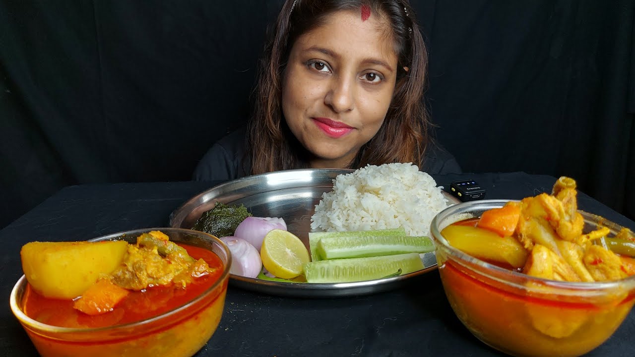 Eating Show - Rice, Kharkol Pata Bata, Vegetables Chicken Er Lal Jhol | Mukbang |Poulamieatingshow 