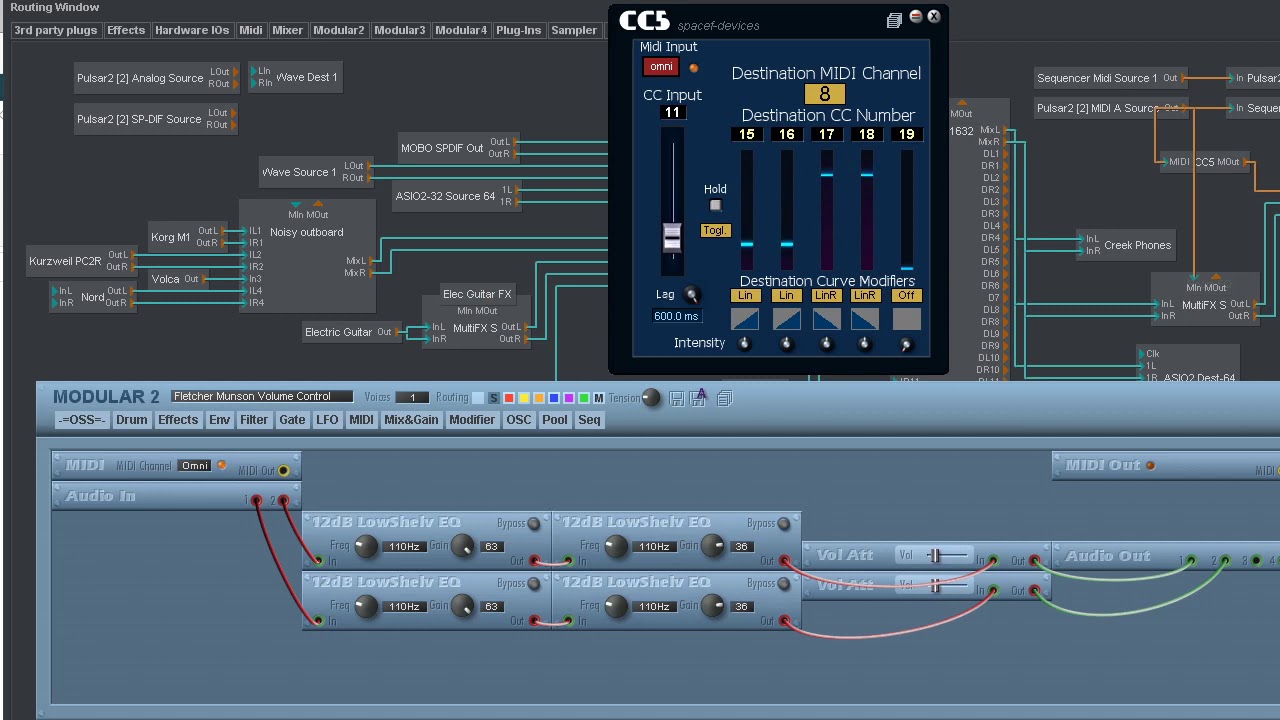 Using SpaceF CC5 to control multiple Sonic Core Modular II controls with one MIDI knob