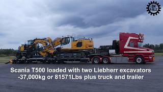 Scania T500 V8 loading two Liebherr excavators R920 & A 911 Compact