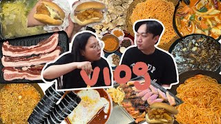 [부부먹방브이로그]손이 타노스만한 남자의 최후👋 (신라면,떡만둣국,참치김밥,더블치즈김밥,콩나물국,오삼불고기,치즈토마토스파게티,삼겹살,맘스터치,짬뽕,짜장면) MUKBANG VLOG