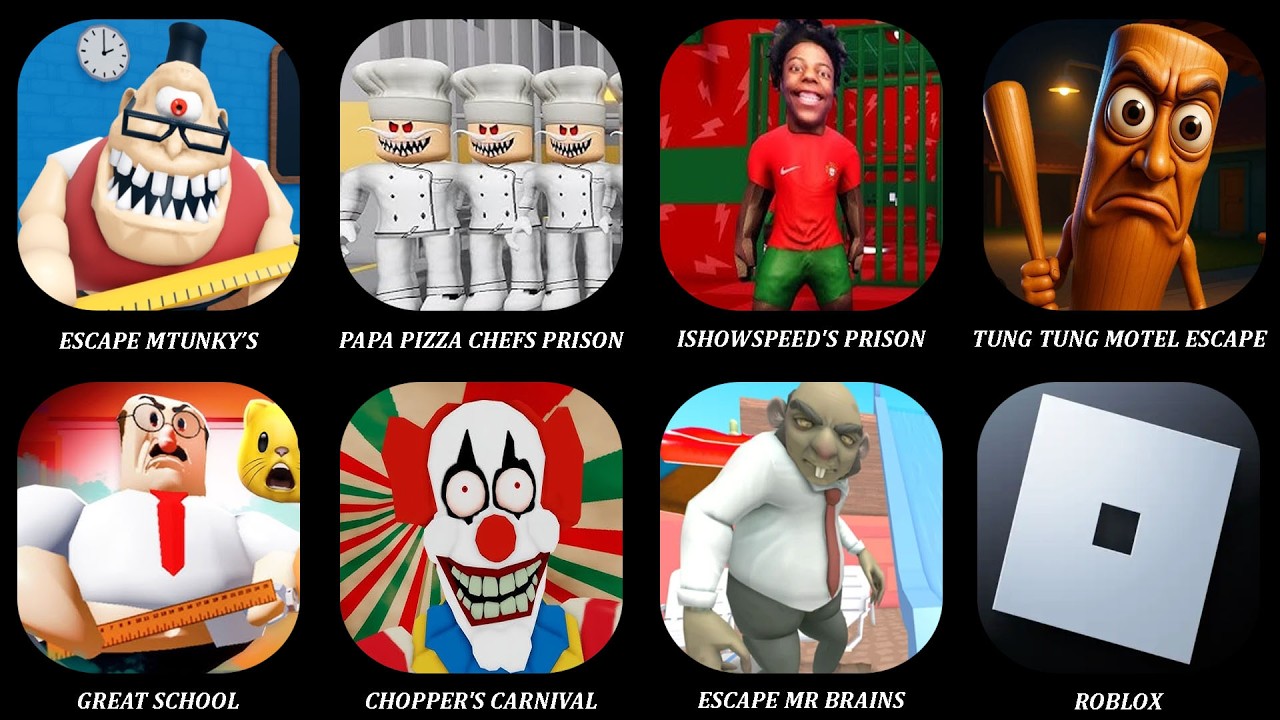 ROBLOX:IShowSpeed'S PRISON,PAPA PIZZA CHEFS PRISON,ESCAPE MR BRAINS WATERPARK,TUNG TUNG MOTEL ESCAPE