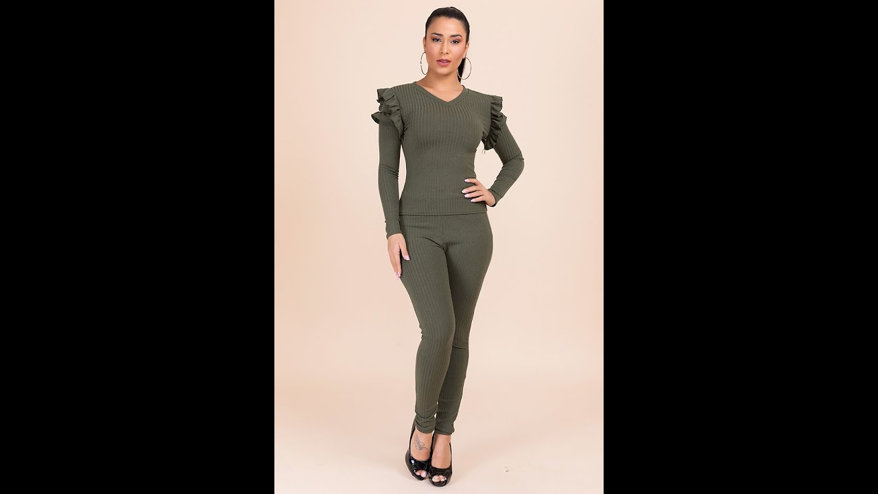 New plus size stretch round-neck ruffle waist laced tuck stitch stylish two-piece set SKU 047496